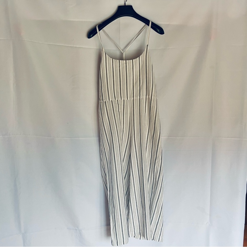 World Market Cream with Grey Stripes Sleeveless Jumpsuit with Pockets